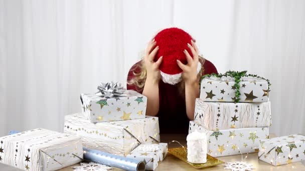 Unrecognizable Woman Housewife Tired Wrapping Christmas Presents Home Stacks Gifts — Stock Video