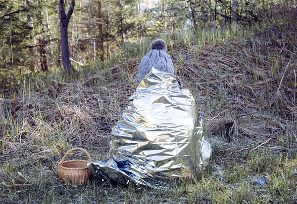 Woman Person Lost Sit Wild Forest Cold Day Using First Obrazek Stockowy