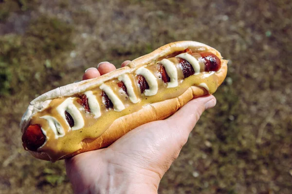 Man Hand Houden Smakelijke Lokale Ijslandse Voedsel Hotdog Genaamd Pylsur — Stockfoto