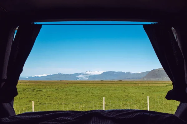 Looking Out Camper Minivan Back Built Bed Traveling Iceland Van — стоковое фото