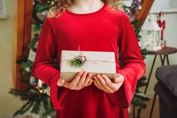 Close View Girl Child Holding Christmas Present Hands Home — ストック写真
