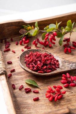 Kurutulmuş Berberis vulgaris yığını aynı zamanda barberry, Avrupa böğürtlen veya böğürtlen olarak da bilinir. Yenilebilir bitkisel tıbbi kırmızı meyve bitkisi.