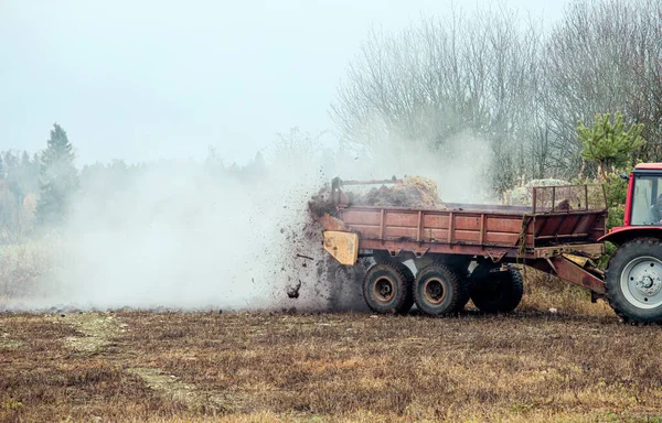Traktor Használata Trágya Sokkal Szóró Pótkocsi Szórni Forró Gőzölgő Lótrágya — Stock Fotó