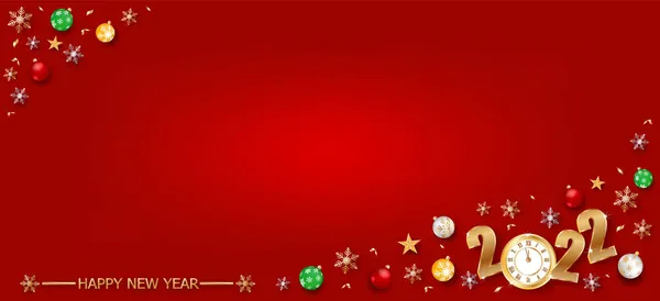クリスマスボールとテキストのための幸せな新年の金と赤の色の場所ベクトルイラストの2022 — ストックベクタ