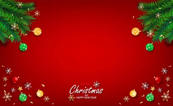明信片圣诞快乐 祝2022年新年快乐 红色背景的圣诞装饰设计元素 横向圣诞海报 从上面观看的物体 — 图库矢量图片