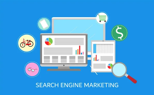 Seo pazarlama kampanyası, SEM, İş Arama motoru optimizasyonu. Simgeleri ve metinleri olan İnternet Pazarlama düz vektörü