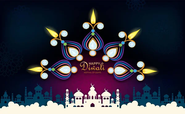 Открытка Индийского Фестиваля Дивали Дипавали Огни Векторного Изображения — стоковый вектор