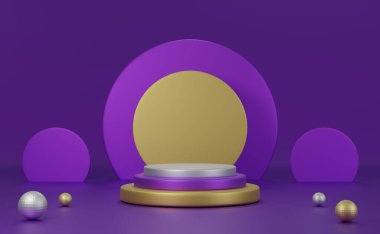 Ürün kozmetik ve soyut arkaplan için kompozisyon boş silindir podyumu ile soyut modern 3dD canlandırma sahnesi. Geometrik şekli altın ve mor metalik renklerle biçimlendir.