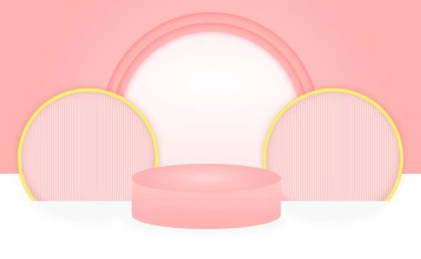 Ürün kozmetik ve soyut arka plan için kompozisyon boş silindir podyumu ile çevrimiçi satış modern tatlı ürün sahnesi. Geometrik şekilleri turuncu pastel renkler ve Çin lambalarıyla düzenle.