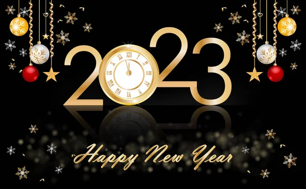Frohes Neues Jahr 2023 Mit Luxusuhr Neues Jahr Glänzender Hintergrund — Stockvektor
