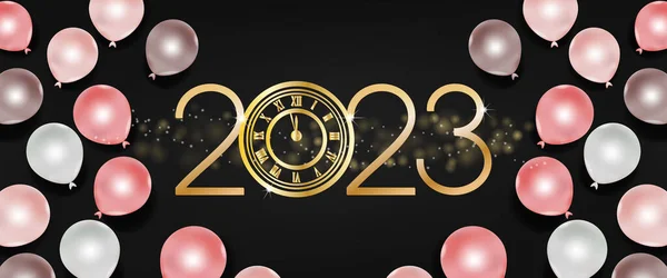 2023幸せな新年の金と黒の色の場所のためのテキストとともにバルーンピンクレッドゴールドのベクトルイラスト — ストックベクタ