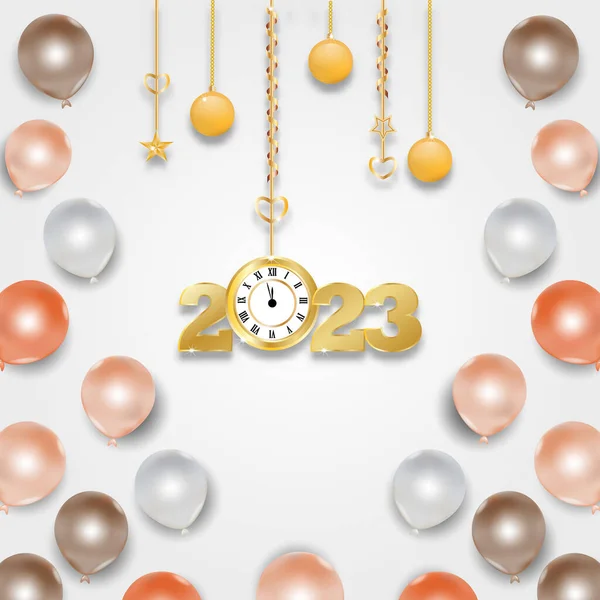 Mutlu yıllar 2023, Xmas dekoratif elementleri hediye kutusu ve kırmızı süslemeli. Yatay Mutlu Yıllar ve Mutlu Noeller posterleri, tebrik kartları.
