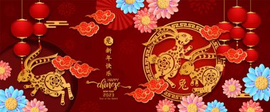 Tavşan Mutlu Çin Yeni Yılı 2023 'ü selamlıyor. Çince çeviri ortalama Tavşan Yılı Mutlu Çin Yeni Yılı.