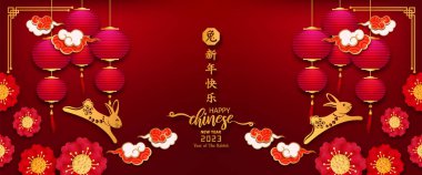 Banner Mutlu Çin Yeni Yılı 2023. Asyalı Tavşan Charector Yılı. Çince çeviri ortalama Tavşan Yılı, Mutlu Çin Yeni Yılı.