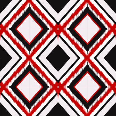 Ikat geometrik folklor süsü. Aztek tarzında kusursuz çizgili desen. Şekil kabile nakışı. Halk düzeni. Batik kumaşı saran halı duvar kâğıdı kumaşları için Ikat deseni. Vektör illüstrasyonu