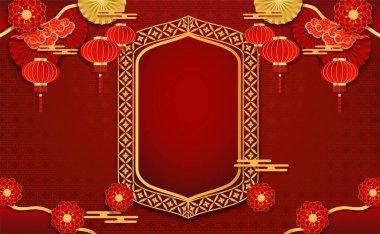 Mutlu Çin yeni yılı için kartpostal. Geleneksel Çin yemeği. Vektörün Çince arka planı
