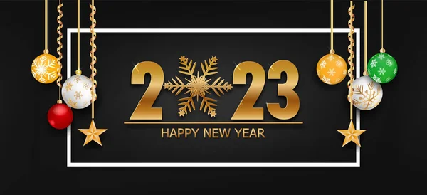 Happy New Year Gold Black Collors Place Text Christmas Balls — Archivo Imágenes Vectoriales