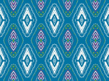 Soyut etnik geometrik ikat sanatı. Kabilede kusursuz desen, halk nakışı ve Meksika tarzı. Aztek geometrik sanat süsü baskısı. Batik kumaş illüstrasyonunu kaplayan arkaplan ya da duvar kağıdı giysisi tasarımı.