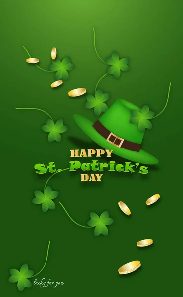 Joyeuse Saint Patrick Avec Chaudron Pièces Monnaie Trèfles Chapeau Événement — Image vectorielle