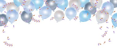 Mavi ve beyaz balon ve yeni yıl için kurdele, Noel, doğum günü vektör tasarımı.