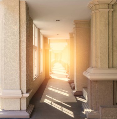 Gündüz güneşli, dikdörtgen tünel sütunları koridoru