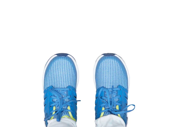 Mavi Çocuk Spor Ayakkabıları Giyiyor Izole Beyaz Arka Planda Üstten — Stok fotoğraf