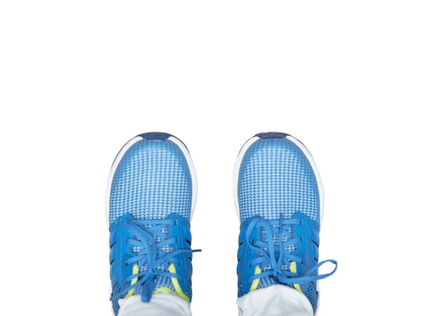 Blue Kid Sport Shoes Wearing Top View Isolated White Background — Stock Photo, Image