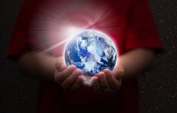 Criança Prendem Holograma Global Mundo Metaverse Mão Para Conexão Linha — Fotografia de Stock