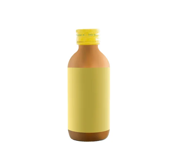 Amber Glazen Fles Met Vloeibaar Geneesmiddel Met Gele Dop Geïsoleerd — Stockfoto