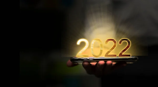 2022 Tecnologia Calendário Ano Novo Número Acima Conceito Smartphone — Fotografia de Stock
