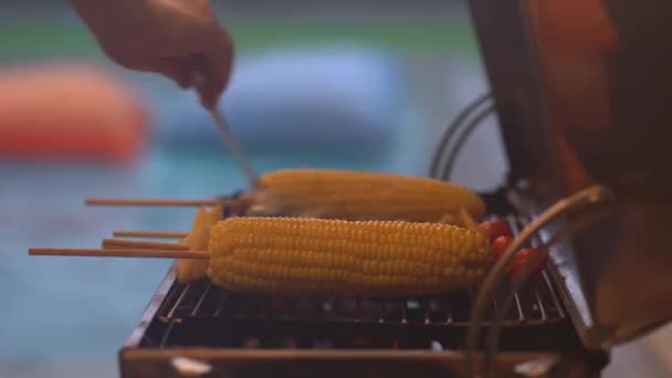 Barbecue Kukorica Húspálca Grill Tűzhelyen — Stock videók