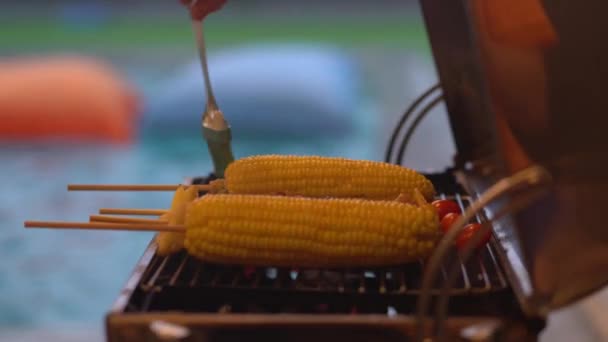 Barbecue Maïs Bâton Viande Grill Sur Cuisinière — Video