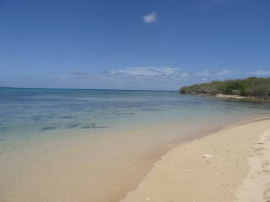 Beyaz bir kumsal ve mavi gökyüzünün altında turkuaz deniz.