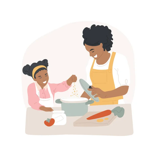 어머니와 함께 요리하는 일 고립된 만화 벡터 삽화. — 스톡 벡터