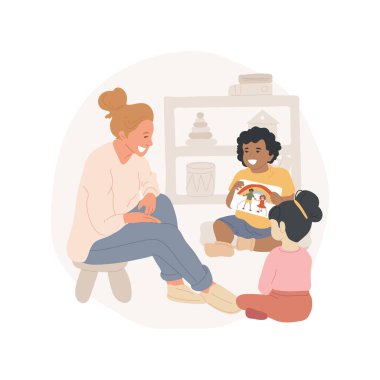 Resim hikaye anlatımı izole edilmiş karikatür vektör çizimi Çocuk resimlerle, iletişim becerileriyle, erken eğitim, anaokulu çocuk yuvası vektör karikatürü ile bir hikaye yaratır.