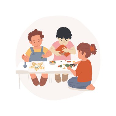 Bir mozaik izole edilmiş vektör çizimi oluştur Çocuklar karton keser, makas kullanır, parmak ve el hareketleri, iyi motor beceriler, anaokulu aktivitesi, erken eğitim vektör karikatürü.