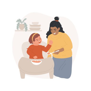 Bebeği kaşıkla beslemek, izole edilmiş çizgi film vektör çizimi yetişkinleri besler, bebek kaşıktan yer, yeme alışkanlığı, erken çocukluk, gelişim kilometre taşı, anaokulu vektör karikatürü.