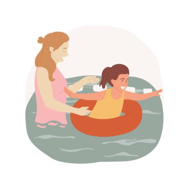 Sucul güvenliği, karikatür çizimi, orta okul yüzme dersi, çocuklar için su hayatta kalma becerileri, su sporu, havuz güvenliği, can simidi, beden eğitimi vektör karikatürü.