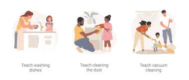Ev eğitiminde ev bakımı becerileri izole edilmiş çizgi film vektör çizimi.