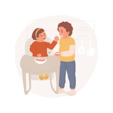 Büyük çocuk kardesini karikatür vektör çizimleriyle besliyor..
