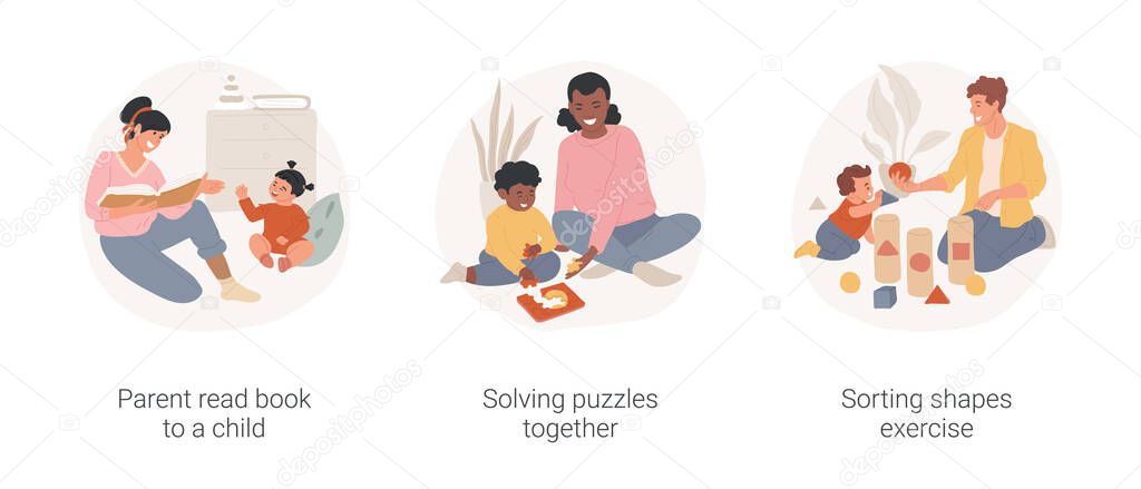 Cognitive and creative skills in home education isolated cartoon vector illustration set.