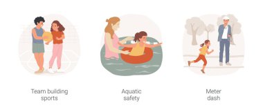 Okulda beden eğitimi karikatür vektör çizimi seti.