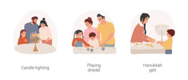 Hanuka gelenekleri karikatür vektör çizimi seti. Menorah 'ta aile mumları yakmak, çocuklarla dreidrel oynamak, Hanukah gelt oynamak, çocuk vektör çizgi filmi için para vermek..