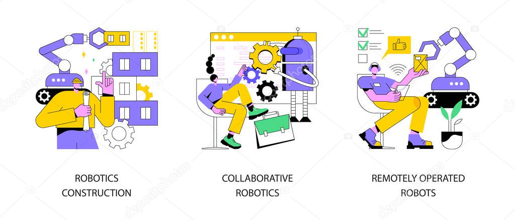 Machine work abstract concept vector illustration set. Robotics construction, collaborative artificial intelligence, remotely operated robots, factory automation, human control abstract metaphor.