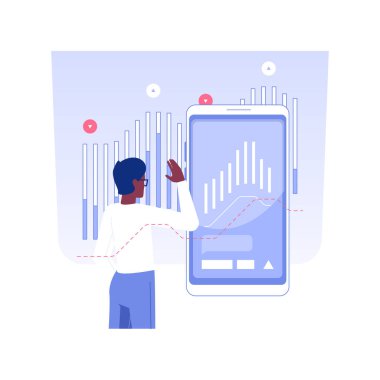 Hisse senedi ticaret platformu izole edilmiş konsept vektör çizimi. Özel uygulama, finansal okur yazarlık, yatırım süreci, para vektörü konseptini yükseltme kullanan akıllı telefonlu borsa simsarı.