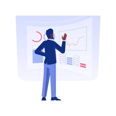 Etkileşimli dijital duvar izole edilmiş konsept vektör çizimi. Modern dijital duvar kullanan tuğla ve harç bankası çalışanı, ofiste yenilik teknolojisi, multimedya veri vektör kavramı.