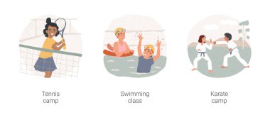 İlkokul öğrencileri motor geliştirme karikatür vektör illüstrasyon setini izole etti. Tenis kampı, yüzme sınıfı, karate öğretim programı, okul sonrası eğitim, fiziksel egzersiz, çocuk aktivite vektör karikatürü.