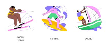 Su sporu soyut konsept vektör çizimi seti. Su kayağı, sörf ve yelkencilik, aktif yaşam tarzı, yaz macerası, okyanus dalgası, ekstrem spor, yüzme tulumu, yat kulübü soyut metaforu.