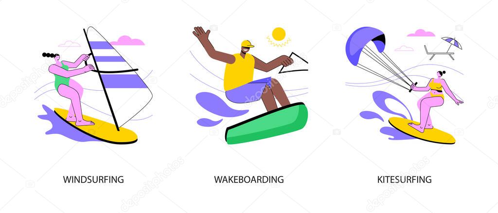 Extreme water fun abstract concept vector illustration set. Windsurfing and wakeboarding, kitesurfing flying adventure, wind speed, ocean wave, beach holiday, boat cable, freestyle abstract metaphor.