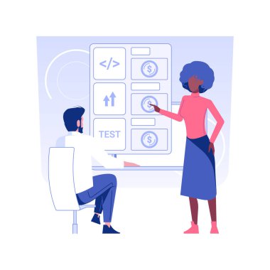 Bütçe izole edilmiş konsept vektör çizimi tartışılıyor. IT şirketi çalışanı, müşteriye bütçe, iş geliştirme, proje yönetimi, hizmetlerin maliyeti hesaplama vektörü kavramı hakkında danışmanlık yapıyor.